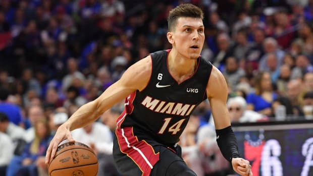 Miami Heat guard Tyler Herro (14) against the Philadelphia 76ers at Wells Fargo Center.